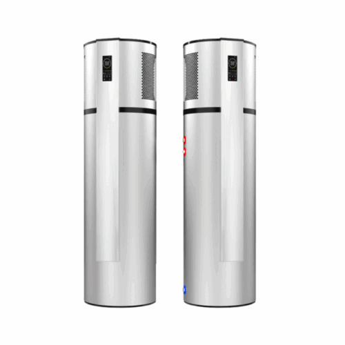 Side view of EvoHeat All-in-One Heat Pump 315L – a modern, cylindrical hot water system in a silver grey finish with a vented top section and the EvoHeat logo displayed on the front.